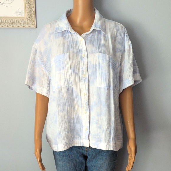 Joe Fresh Cotton Light Blue & White Button Down Boxy Top SZ XL - Picture 3 of 13
